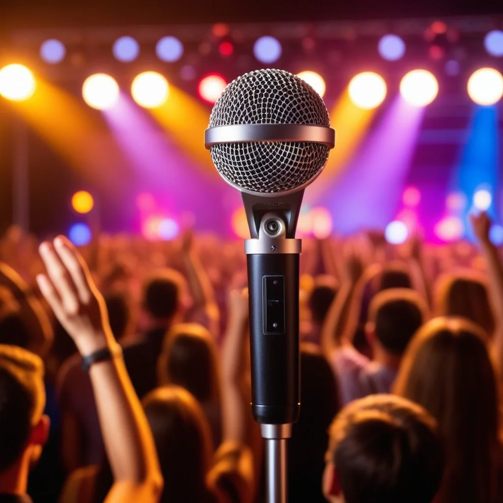 Close-up of a microphone on a stand, slightly out of focus, with a blurred background of colorful stage lights and a crowd of hands raised in the air.