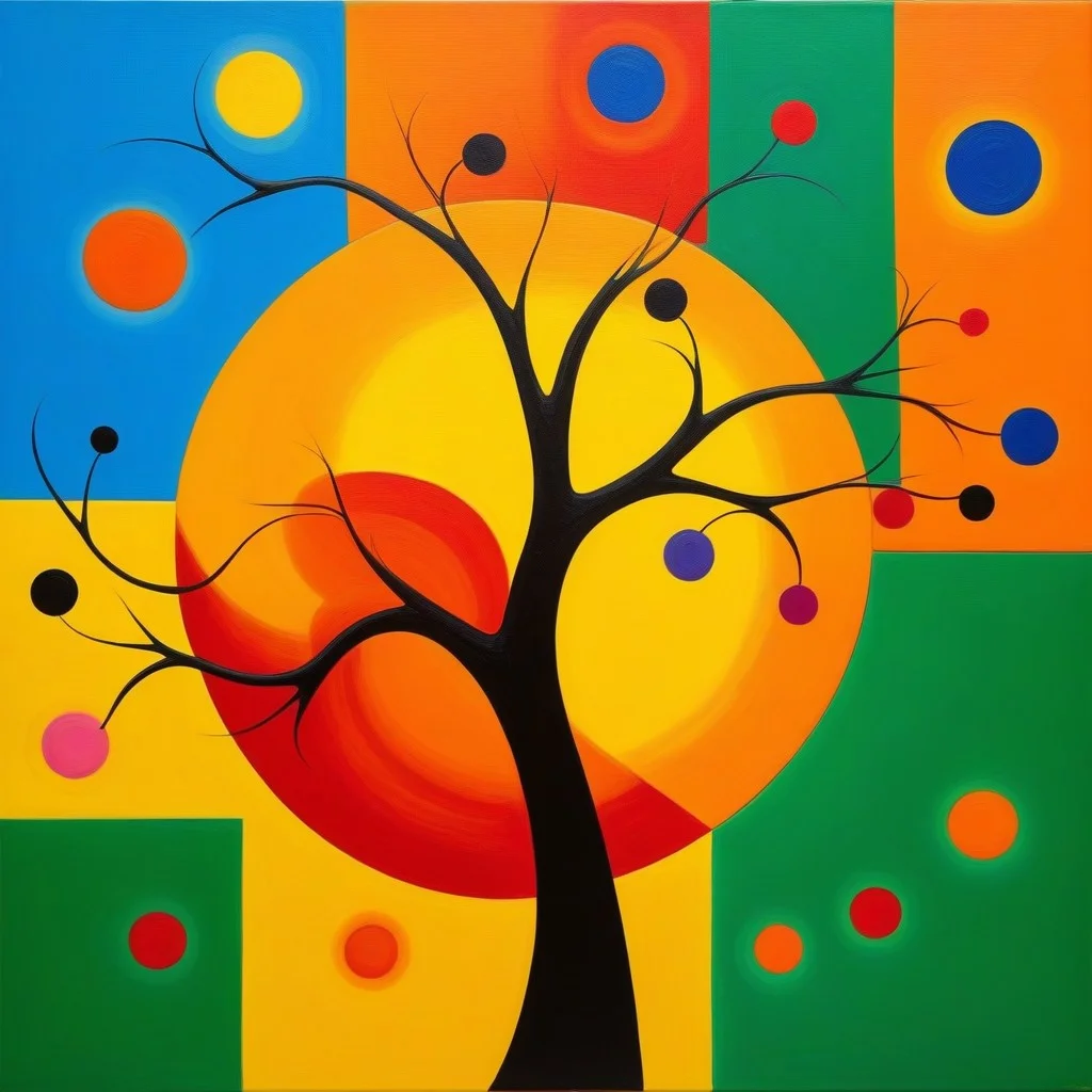 Un détail d’une peinture de Miró aux formes abstraites et colorées — un oeil jaune flottant au-dessus d’un trait noir qui ressemble à une branche, entouré de taches de vert émeraude et d’orange pâle. L’éclairage met en valeur la texture du pigments, presque granuleuse, comme si l’artiste avait touché la toile avec ses doigts avant le pinceau.