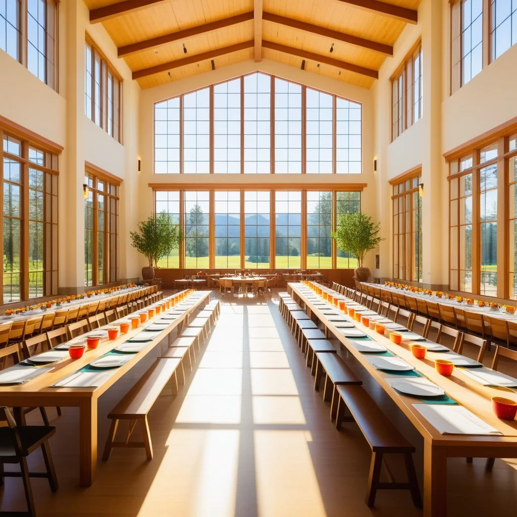 Wide shot of a sunlit cultural center interior, featuring long tables set with parchment, pots of colored ink, and brushes, inviting families to sit and create, with soft natural light streaming through large windows.