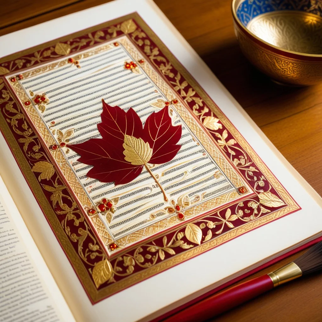 Detail shot of a finished illuminated manuscript page featuring intricate gold leaf patterns and deep red accents, resting on a wooden table next to a small bowl of water and a clean brush, evoking a sense of quiet accomplishment.