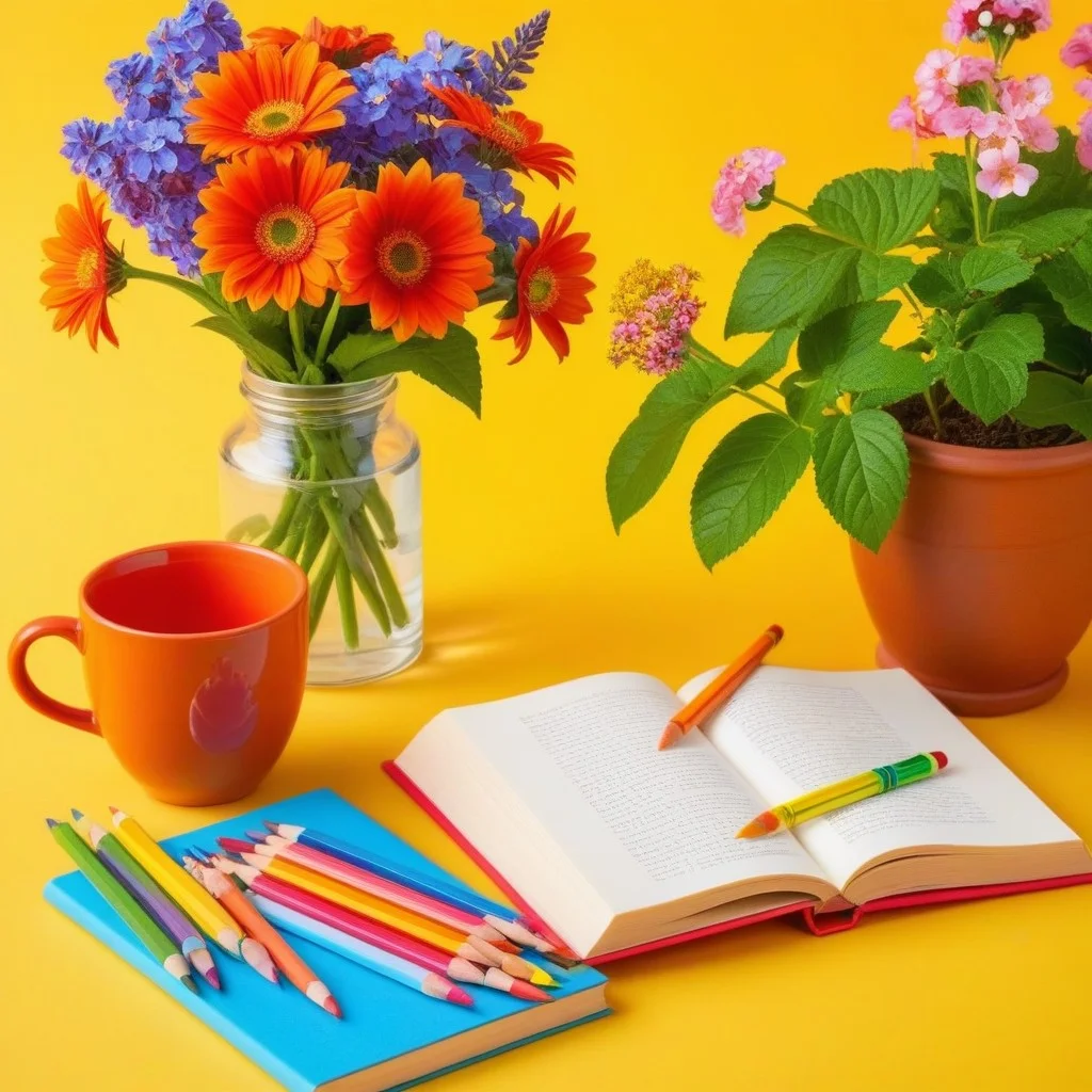 Une pile de livres anciens et modernes posés sur une table en bois, entourés de tasses de thé fumantes, de crayons et de petites fleurs sauvages cueillies dans le jardin du musée. Un carnet ouvert montre une phrase écrite à la main : « Ce n’est pas parce que c’est silencieux qu’il ne se passe rien. »