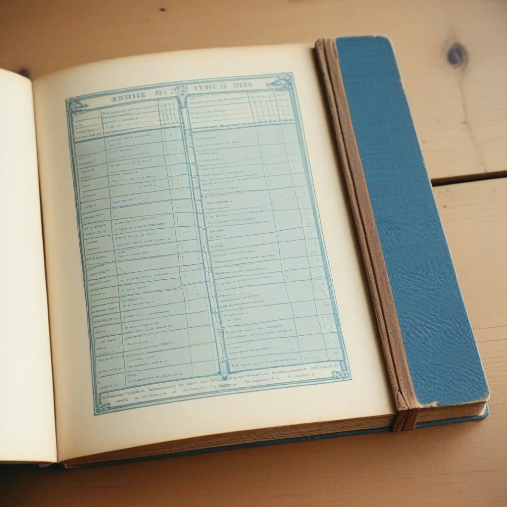 Livre d’école ancien à couverture de toile, ouvert sur une page où des exercices de géométrie sont tracés à la main. Encre bleue, un peu fanée. Une règle en bois posée à côté, avec une marque de morsure.