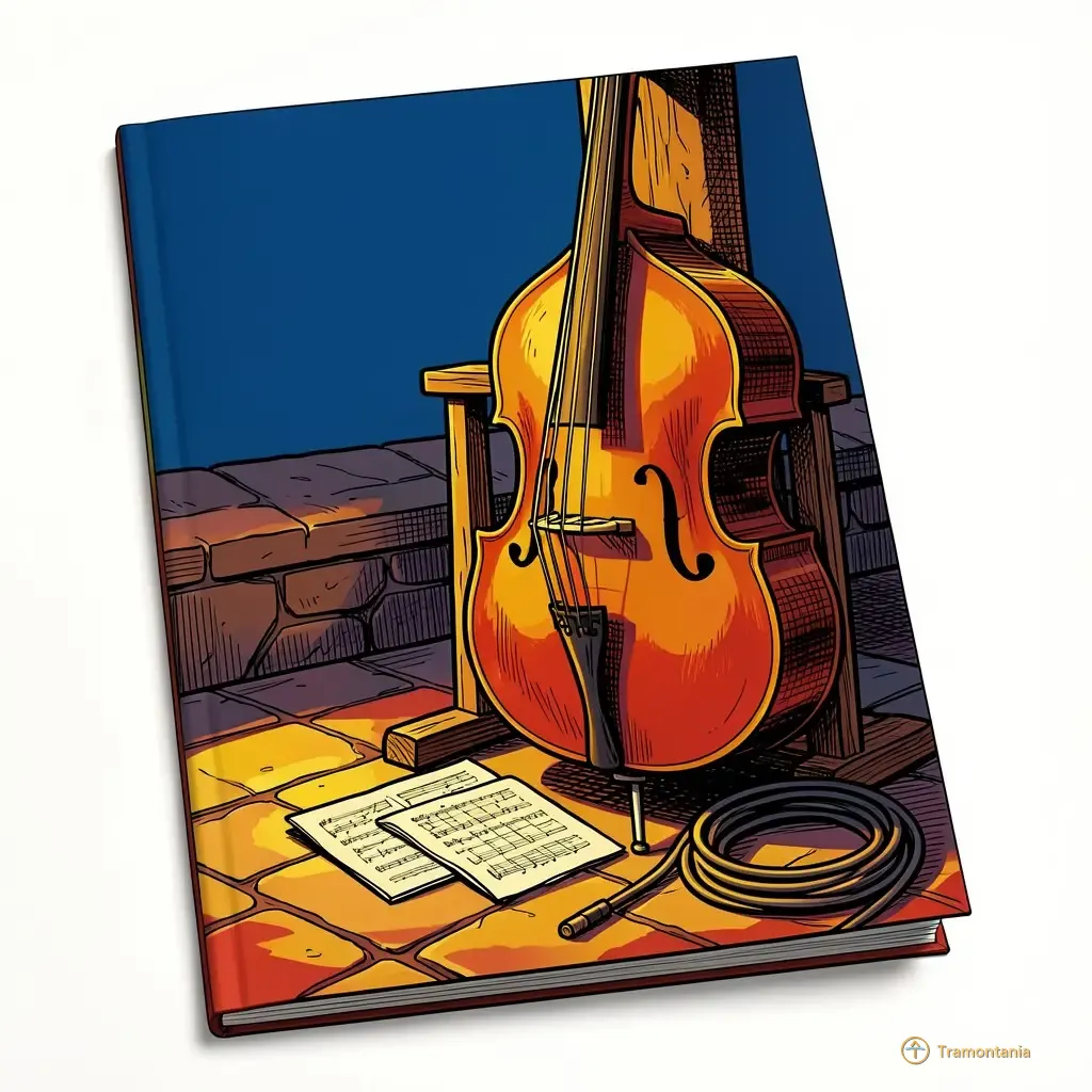 Un ensemble d'instruments de musique est disposé sur un support simple devant des planches de musique posées sur du bois ciré