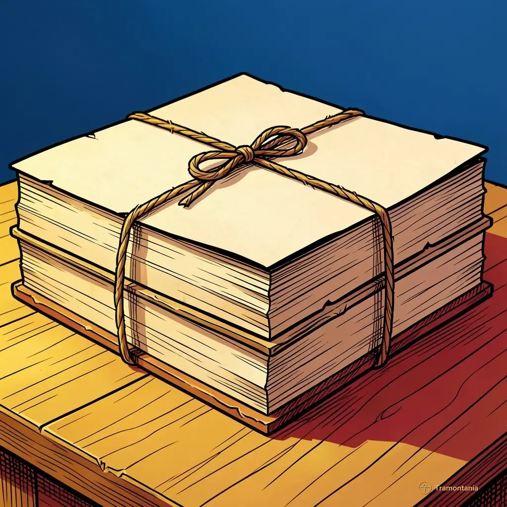 Nino, l'âne de Tramontania — Une pile de vieux livres reliés ensemble par du ficel repose sur une table en bois simple