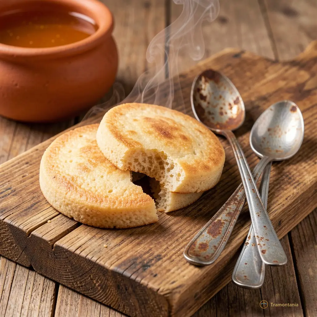 Plan rapproché sur trois galettes posées sur une planche de bois brut. Une seule est encore chaude — un léger nuage de vapeur s’échappe du bord cassé. À côté, deux cuillères en métal, l’une rouillée, l’autre polie par le maniement quotidien. Le fond d’un pot en terre cuite apparaît à gauche, rempli de miel liquide et doré.