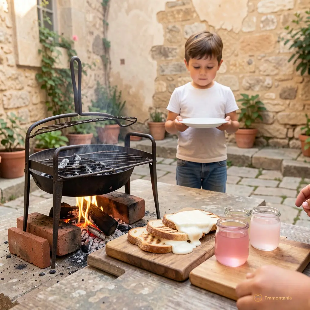 Vue d’ensemble du coin cuisine dans la cour derrière El Mansour. Un feu à charbon brûle sous un gril en fer forgé posé sur deux briques. Trois morceaux de pain grillés reposent sur une planche, recouverts d’un fromage blanc fondu. À côté, trois petits pots en verre contiennent du sirop rose clair. Un seul enfant est visible — debout à l’arrière-plan, tenant son assiette avec les deux mains.