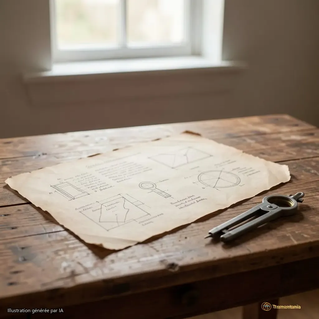 Un plan ancien en papier jauni posé sur une table de bois brut, avec des croquis à main levée et un compas ouvert — lumière douce venant d’une fenêtre haute