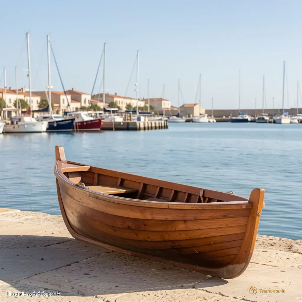 Une main posée sur une petite barque en bois sculpté, au premier plan ; derrière, le port de Port-Vendres vu depuis l’arrière-plan — ciel clair, mer calme