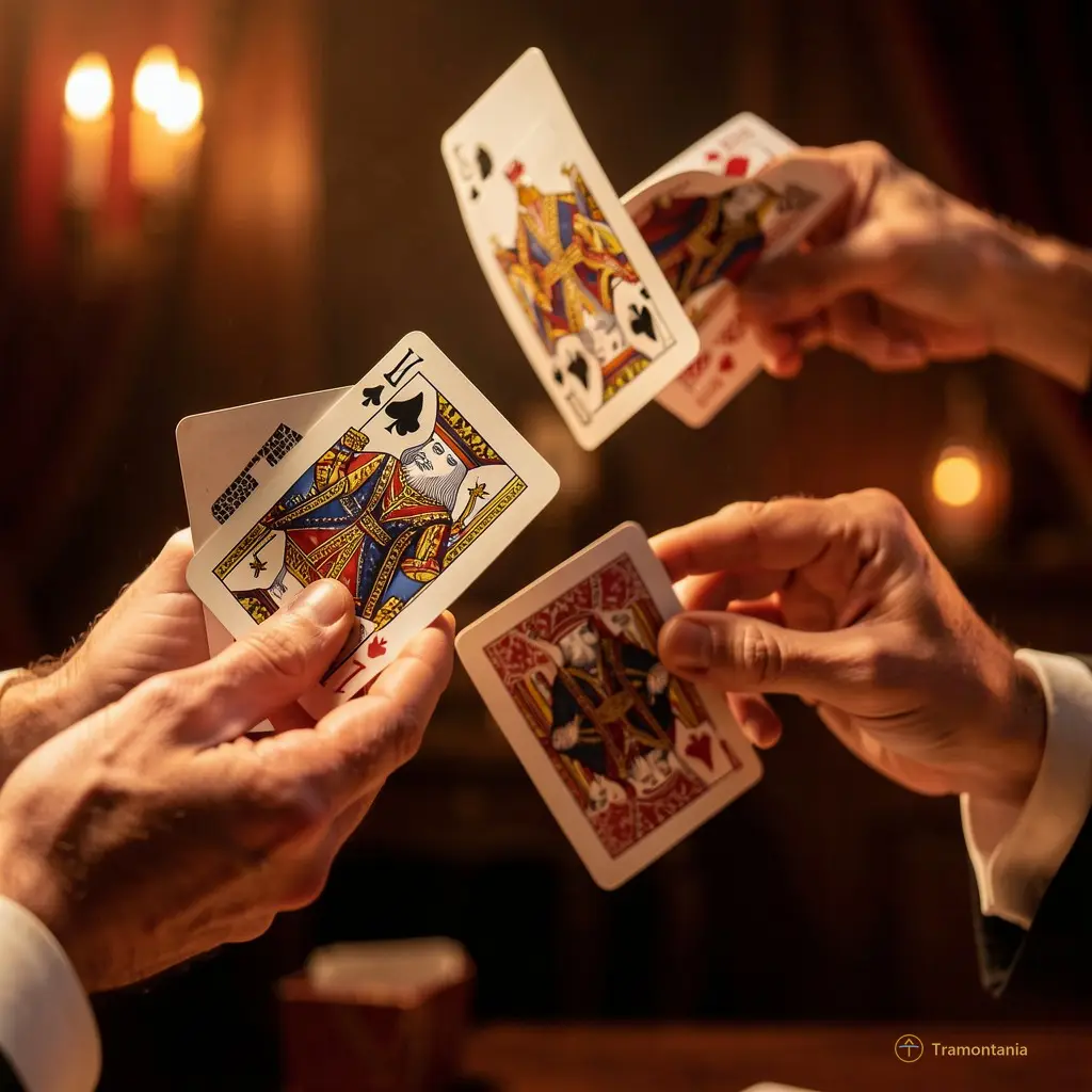 Gros plan sur des mains de magicien manipulant des cartes à jouer dansant en l'air, éclairage dramatique et chaleureux