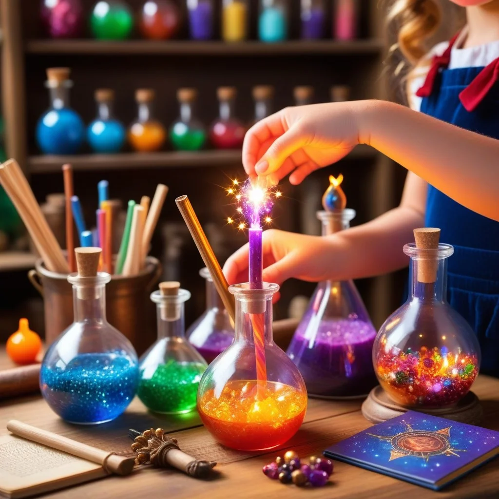 Close-up of a child's hands mixing colorful magical potions in glass flasks inside a workshop, surrounded by fantasy props like wands and spellbooks, bright and playful lighting, festive and whimsical mood.