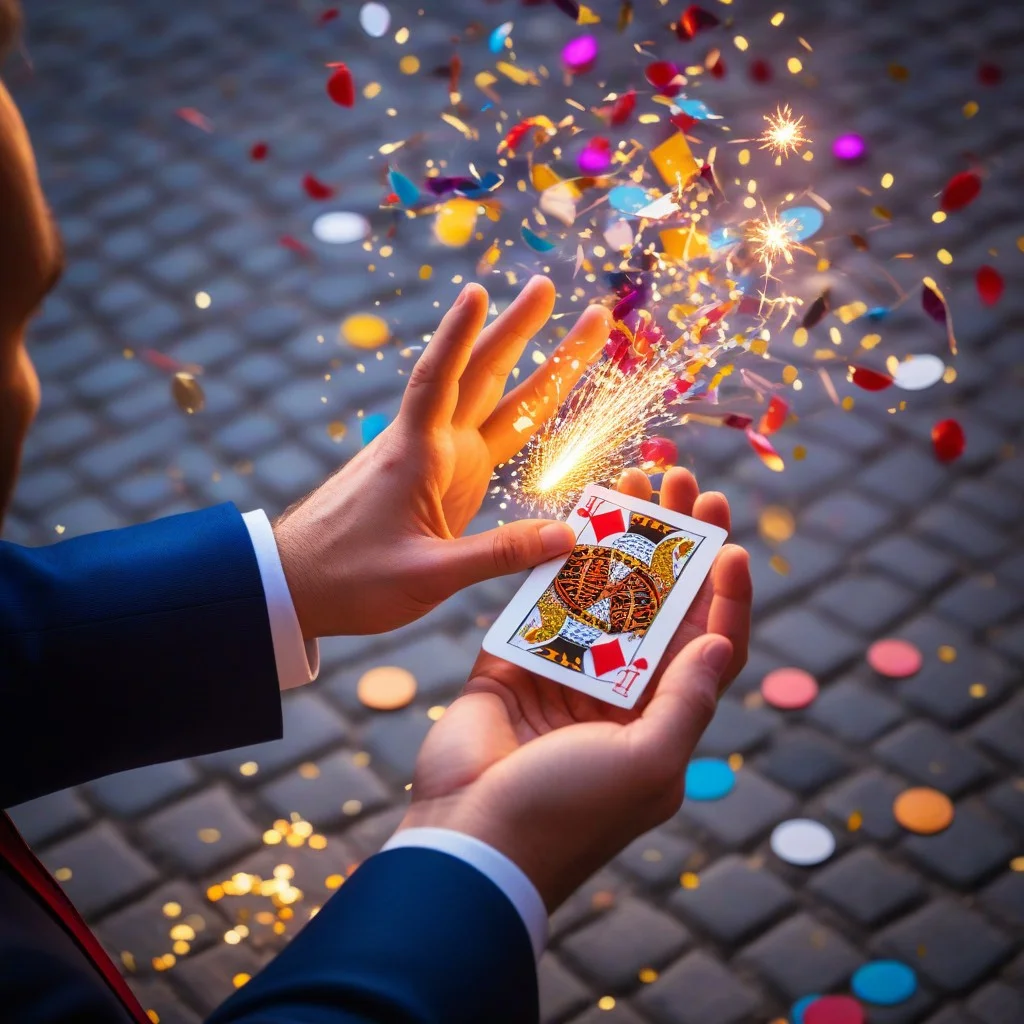 Detail shot of a magician's hands performing a close-up card trick on a cobblestone street, with colorful magical sparks and confetti floating in the air, festive and dynamic composition, vibrant colors.