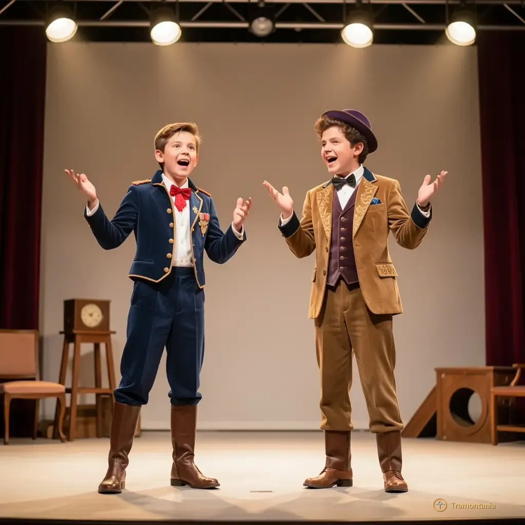 Two young actors in stylized costumes standing on a small stage, gesturing dramatically during a comedy performance; the background shows theatrical props and warm lighting from overhead spotlights