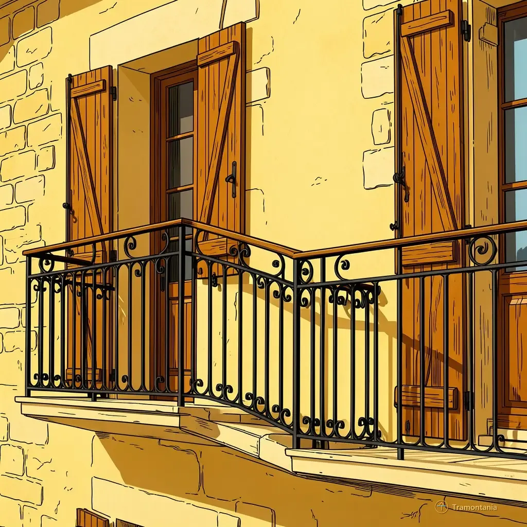 Des balustrades en fer forgé et volets en bois ornent un bâtiment en pierre dans les Pyrénées-Orientales avec des détails riches