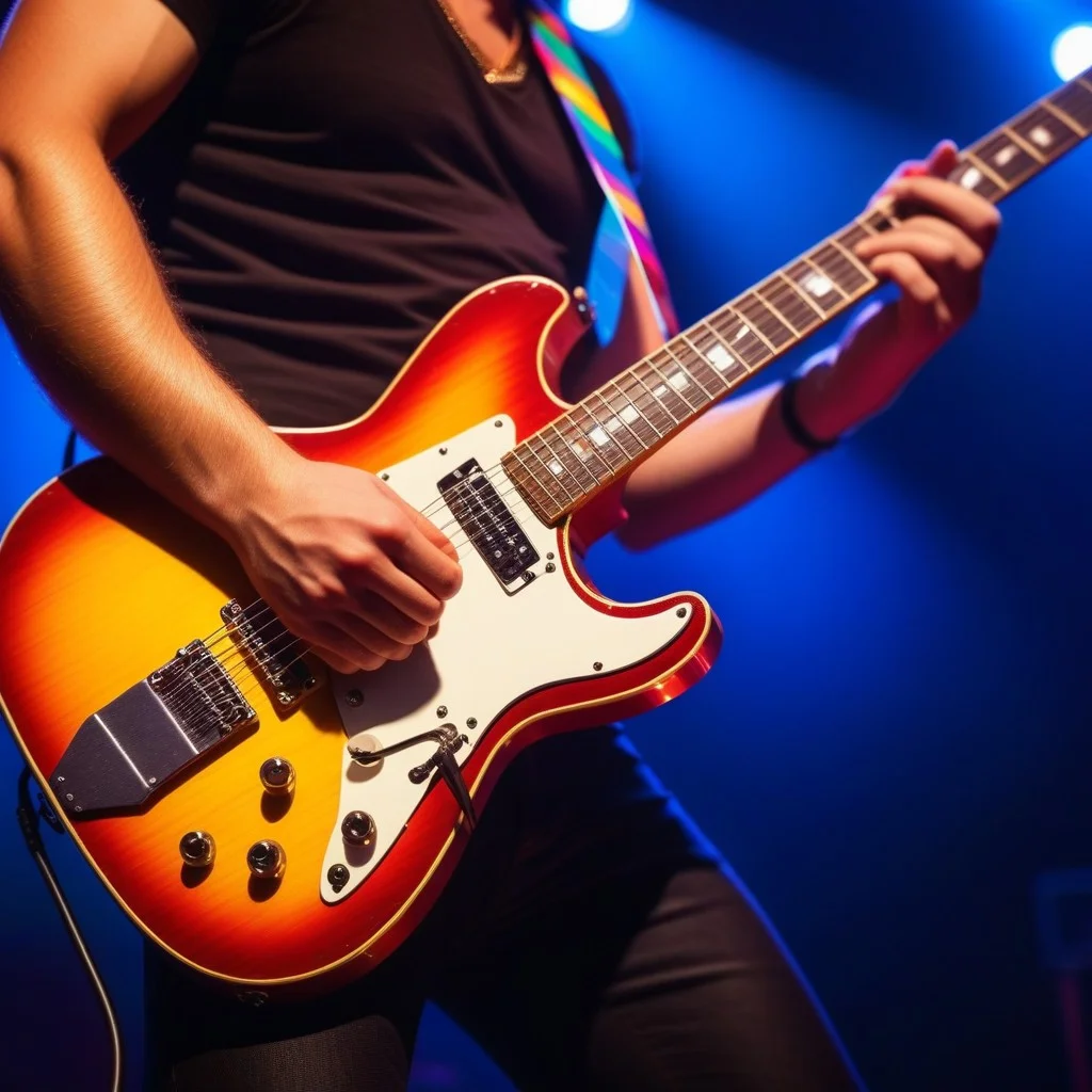 Close-up of hands playing a vintage electric guitar with colorful tape wrapped around the neck, stage lights reflecting on the strings, motion blur suggesting fast movement and high energy.