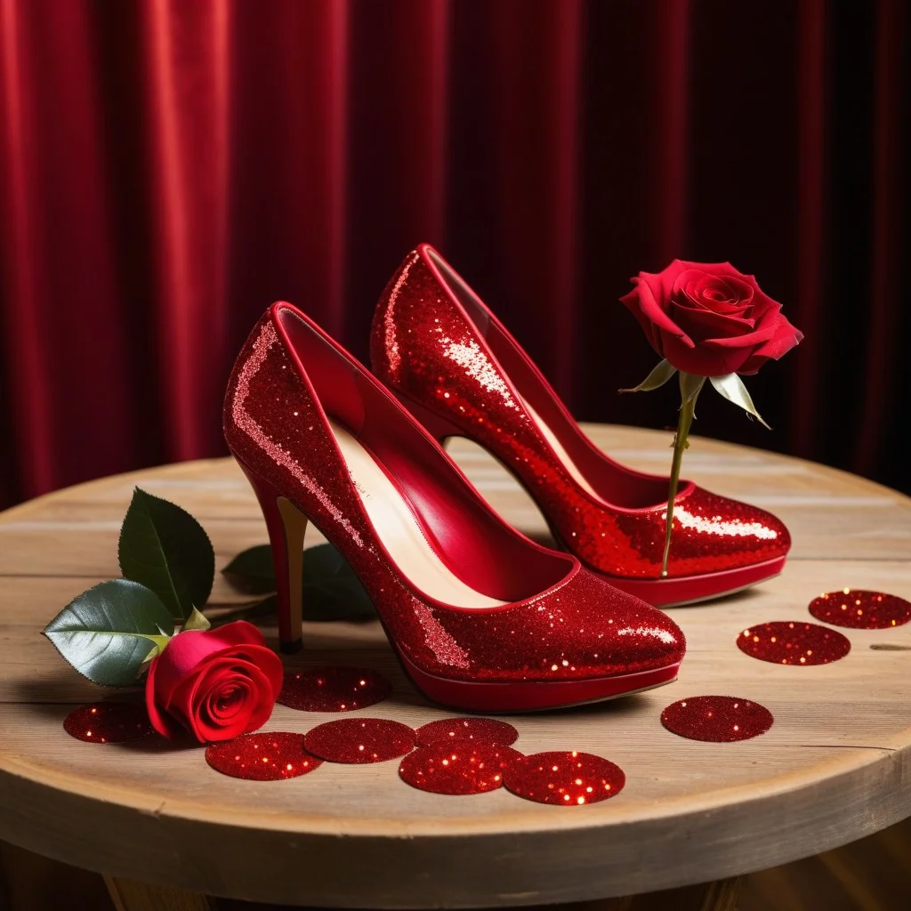 Detail shot of a pair of vintage red high-heeled shoes standing on a wooden circus platform, surrounded by scattered glitter and a single red rose, dramatic spotlight from above.