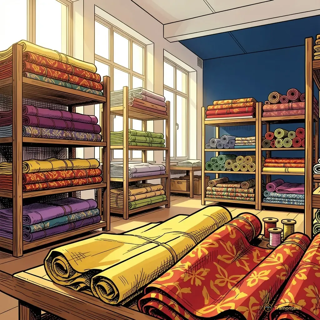 A medium shot taken from a low angle inside an atelier space in the museum, showing several bolts of raw colored linen and patterned fabrics stacked neatly on wooden shelves. Tools like embroidery hoops and spools of thread are visible but not cluttering the scene. The light is bright natural daylight coming through large windows.
