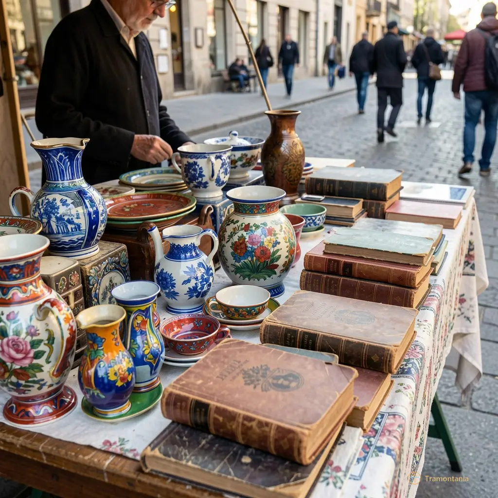 Close-up of a vendor's table displaying vintage items including colorful ceramics and old books on the boulevard