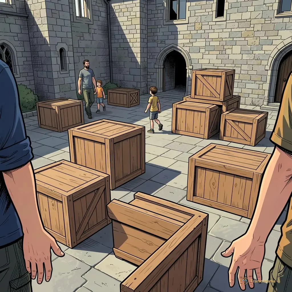 Plusieurs grandes caisses en bois sont disposées dans la cour du vieux château comme éléments d'un jeu, tandis que plusieurs personnes circulent à l'arrière
