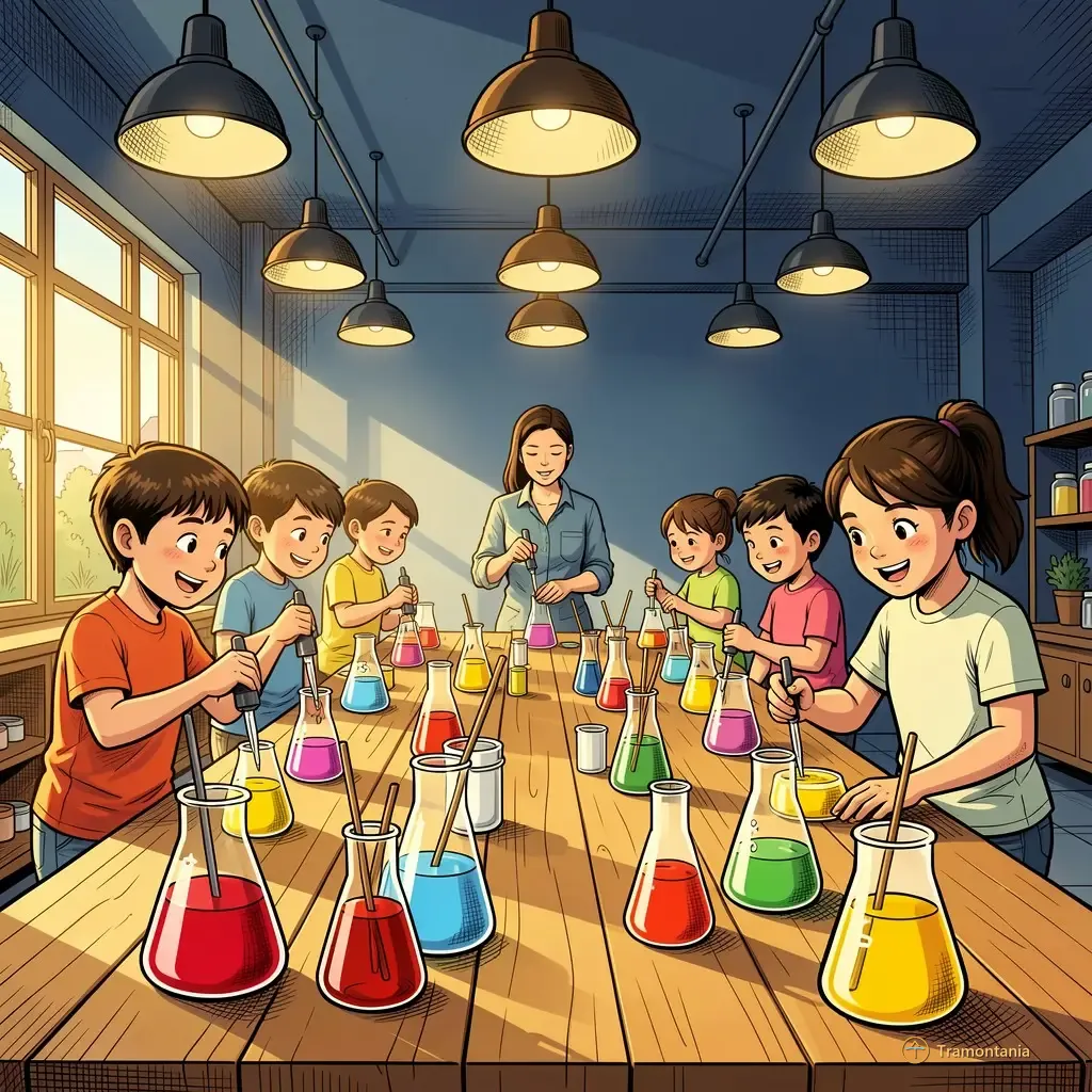 Plusieurs personnes mélangent activement des liquides aux couleurs vives dans des béchers sur plusieurs tables en bois aménagées pour l'expérimentation