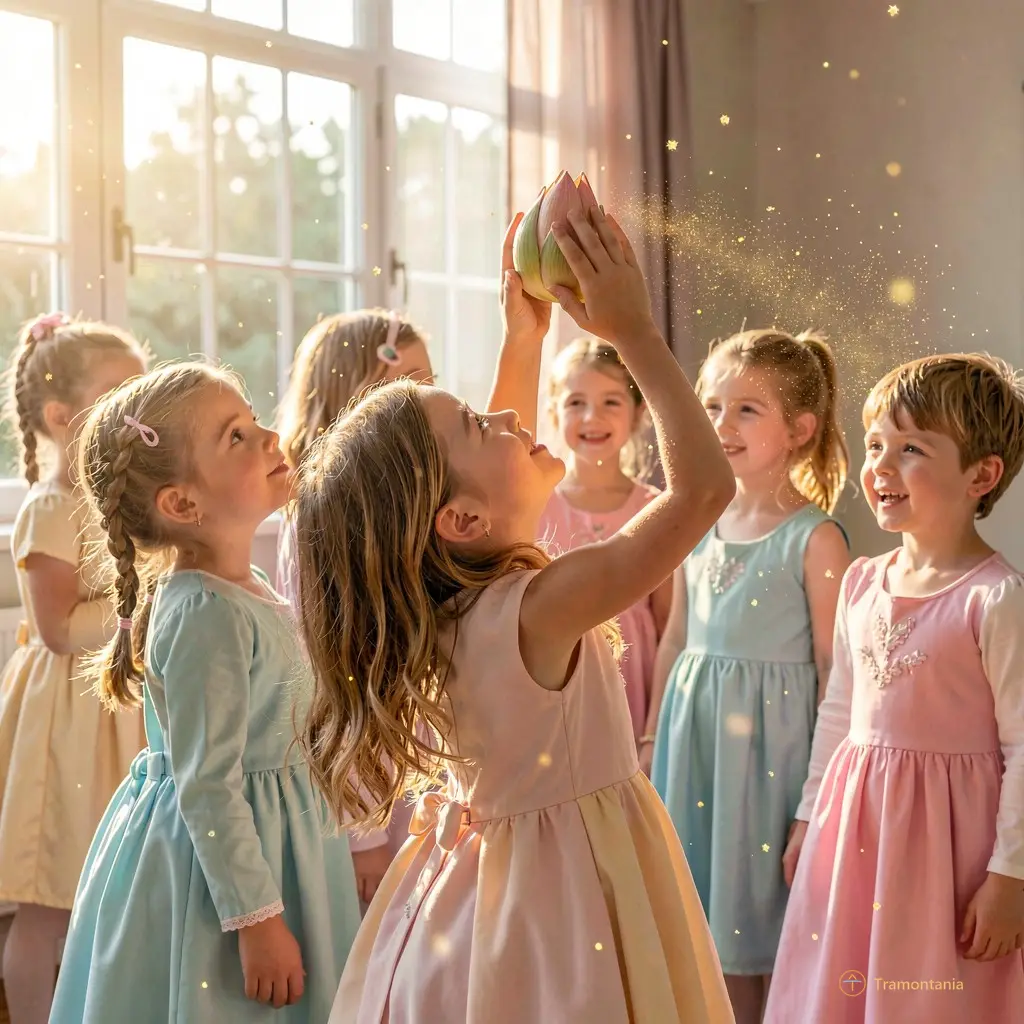A cluster of children in soft pastel costumes, one girl with her head tilted back, arms curved like a lotus bud, golden dust motes dancing around them as afternoon light slants through the window