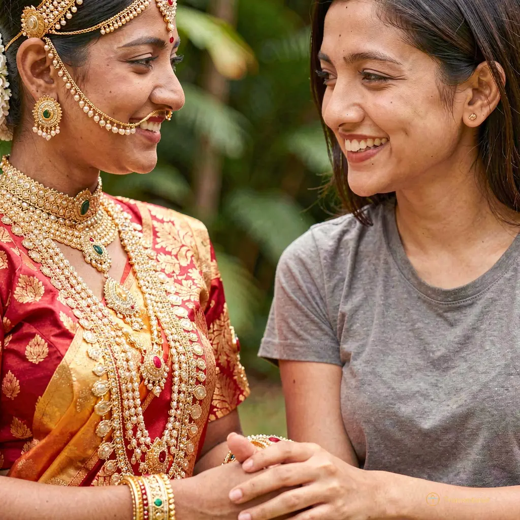 Close-up of two girls’ hands touching lightly at the wrists, one in traditional Apsara costume, the other in a simple t-shirt, both smiling without looking at each other
