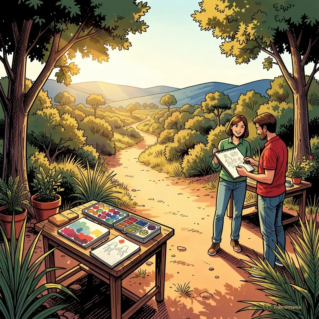Une allée en terre traverse une végétation méditerranéenne où sont installées des petites tables pour dessiner le paysage environnant