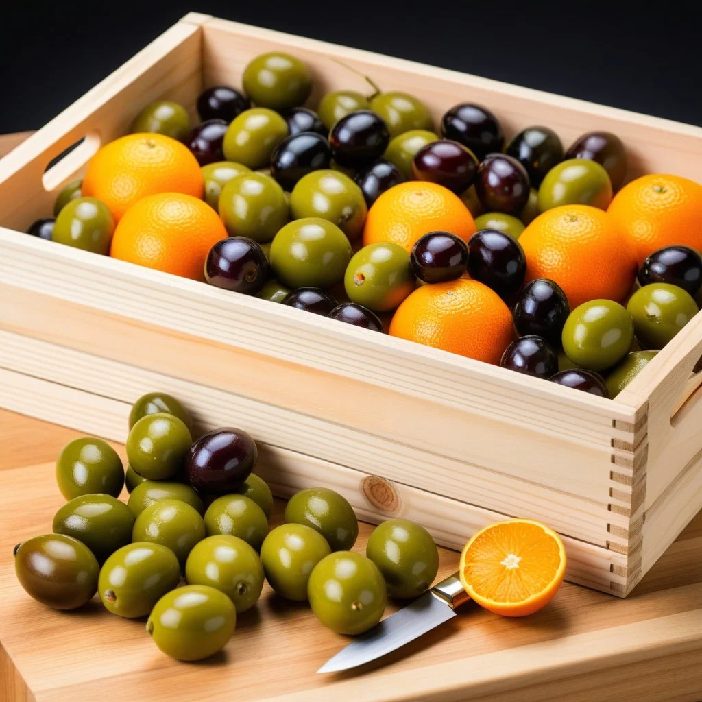 Close-up of a wooden crate filled with glossy, dark green olives and bright orange citrus fruits, a small knife with a light wooden handle resting casually on the edge of the crate, suggesting a taste test.