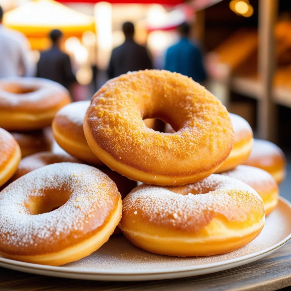Detailed macro shot of golden, crispy bunyetes (Catalan doughnuts) dusted with sugar, arranged on a rustic ceramic plate, with a blurred background of a busy market stall.