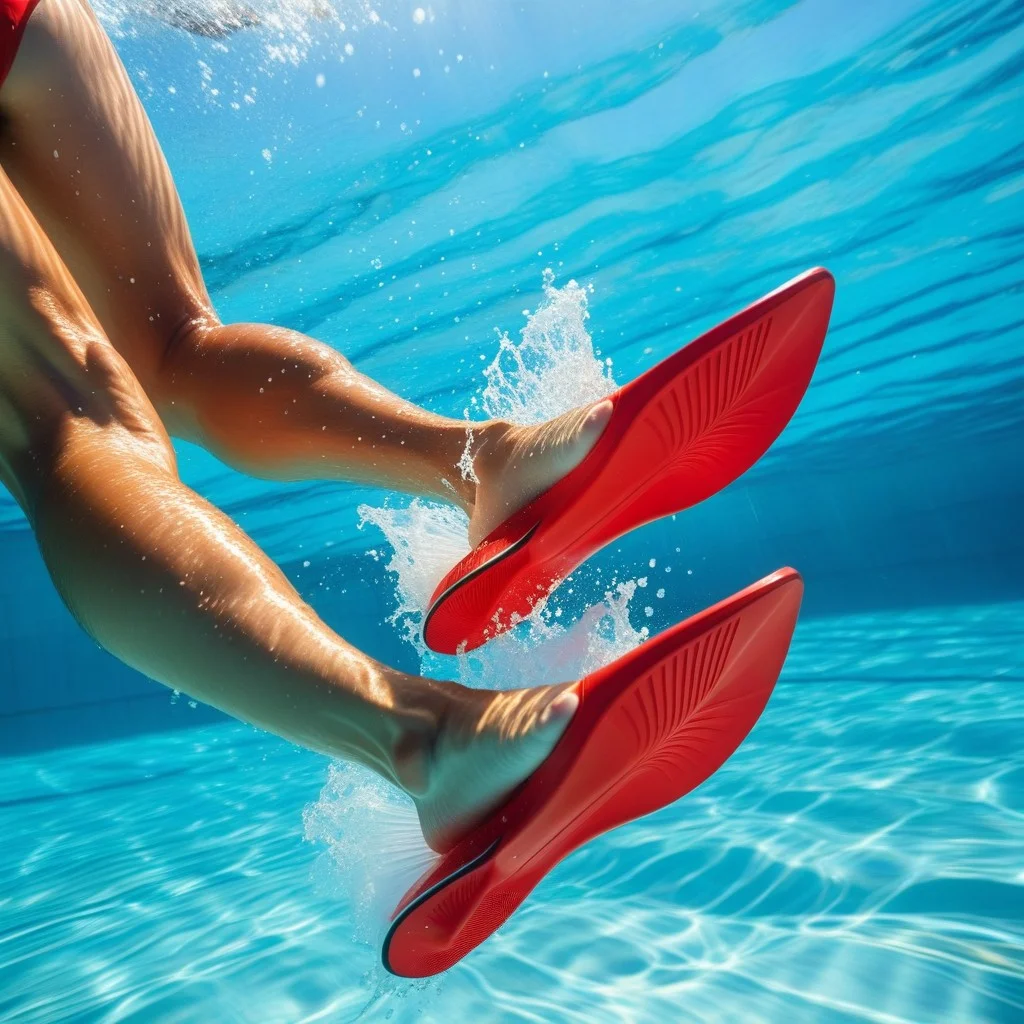Close-up of a pair of feet in bright red swim fins kicking up a spray of turquoise water, dynamic motion blur, sunlight reflecting off the water droplets, emphasizing the power and fun of underwater swimming, vibrant and high-energy.
