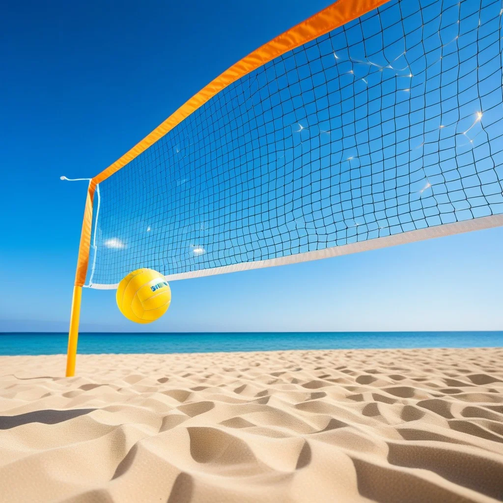Dynamic low-angle shot of a beach volleyball net with a ball suspended in mid-air, motion blur, bright summer colors, background showing the sparkling sea and a clear blue sky, conveying speed and excitement, no faces visible.