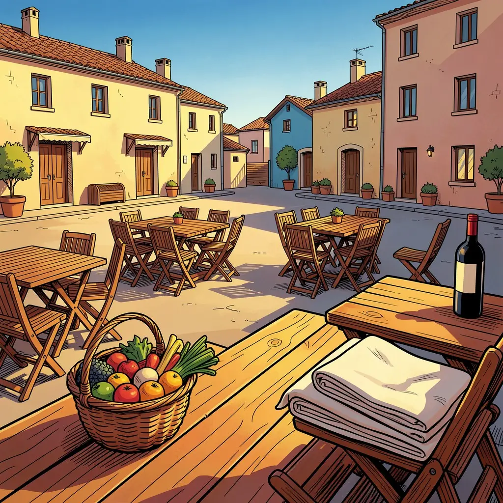 Nino, l'âne de Tramontania — Un patio villageois est aménagé avec des tables pliantes et des chaises en bois devant un étalage de produits locaux