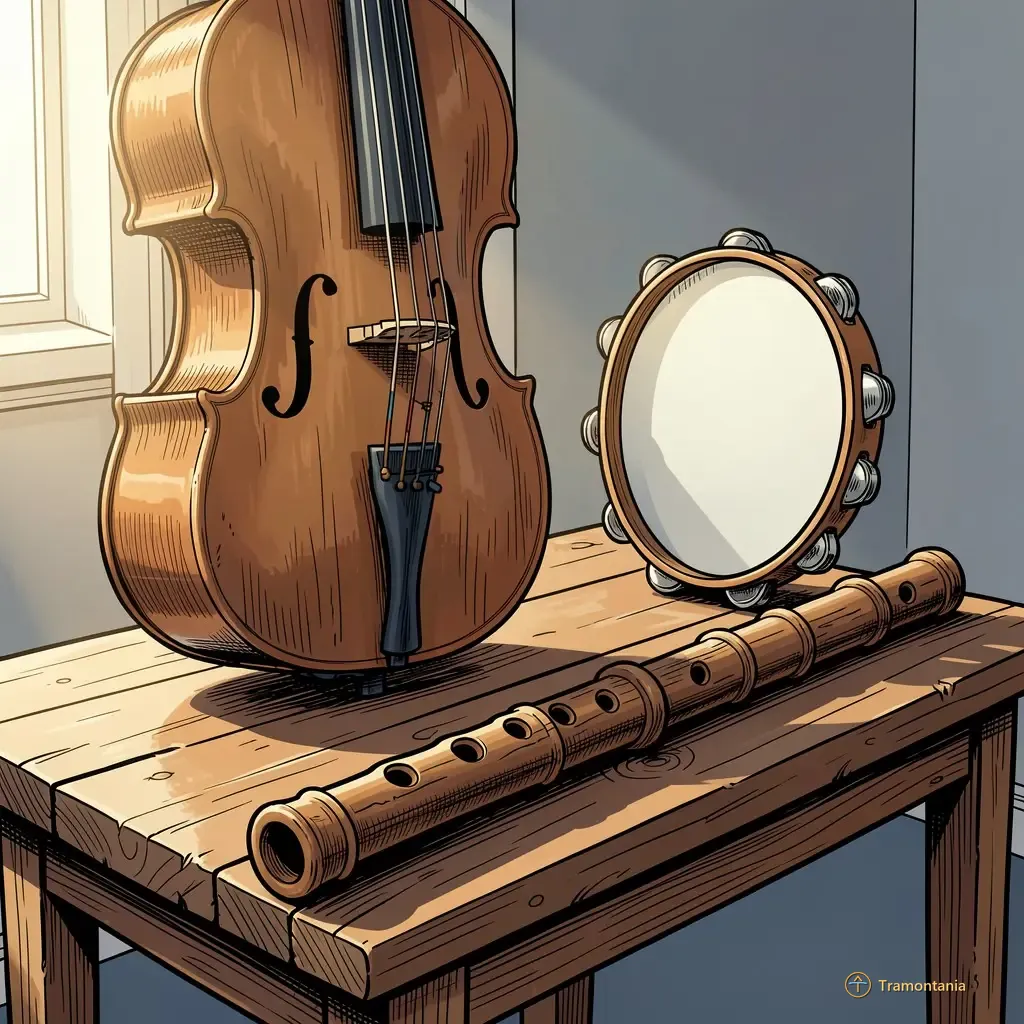 Divers instruments de musique comme un violoncelle, un tambourin et une flûte ancienne sont posés sur une table couverte