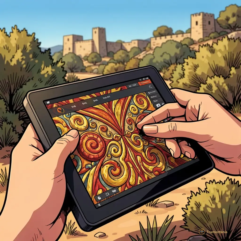 Close up on a pair of hands using a modern digital tablet device to interact with an interface showing magnified details of painted textures and patterns; the background is slightly blurred but shows natural elements like Mediterranean scrub or distant stone structures under bright midday light.