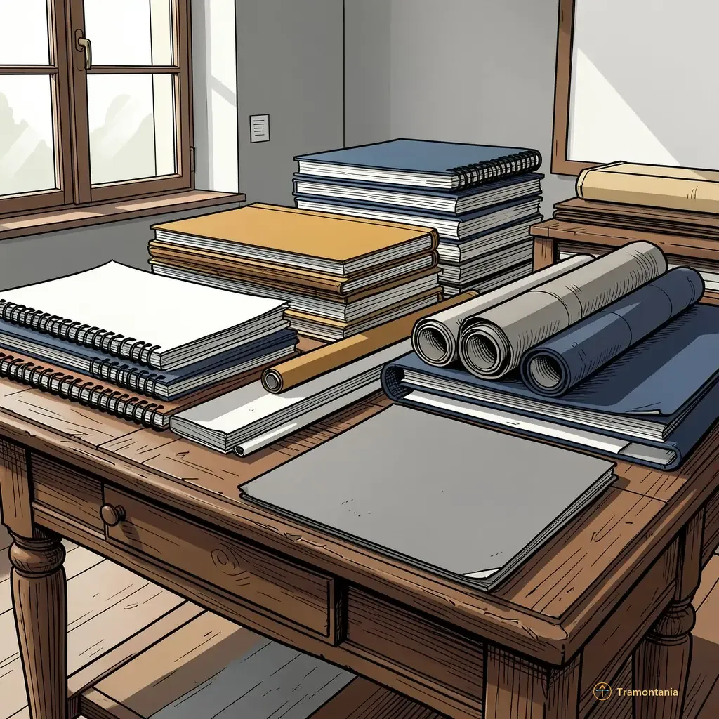 Une table ancienne supporte une collection variée de matériaux artistiques comme des carnets ou toiles roulées