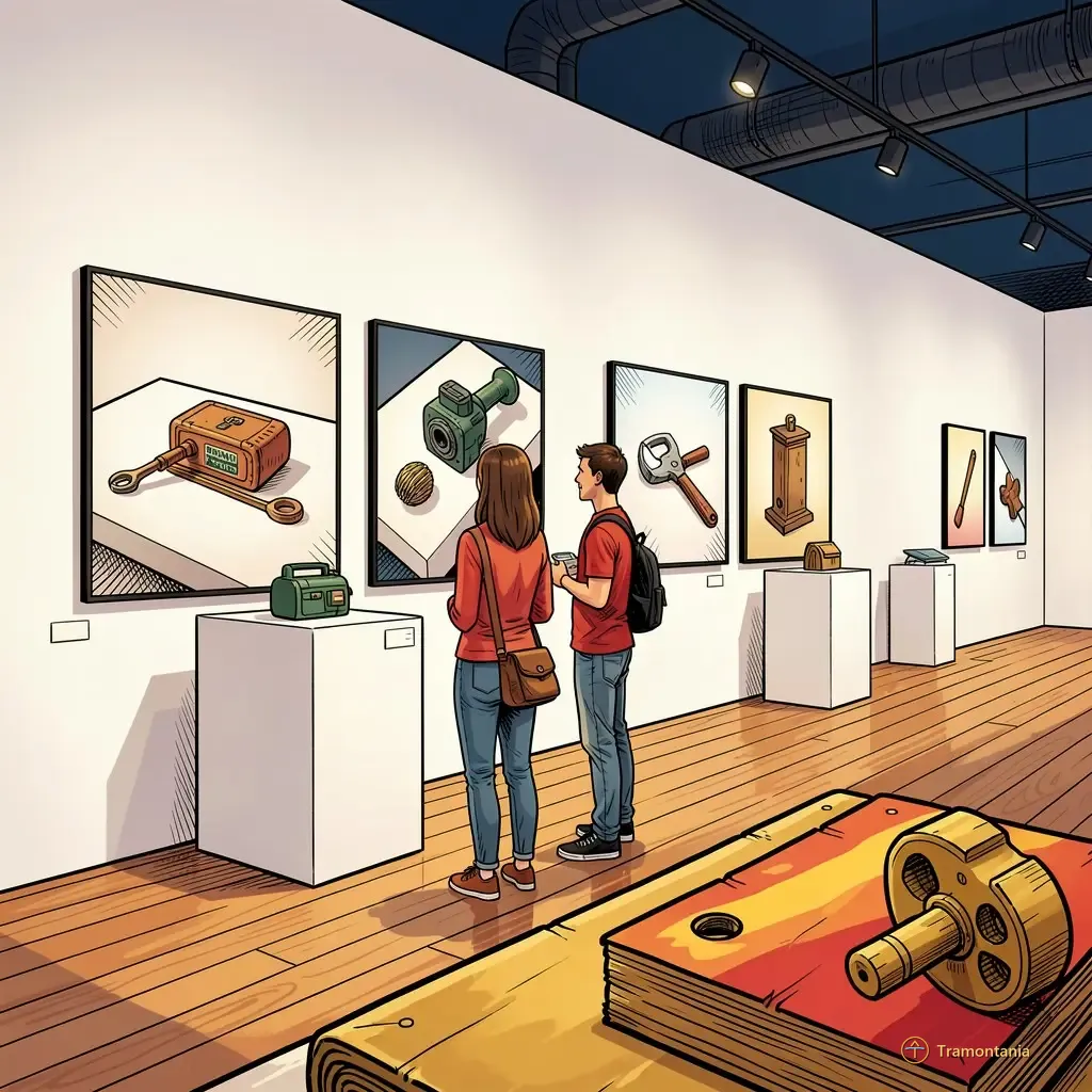 De grandes photographies représentant des objets usuels sont accrochées au mur blanc de l'espace artistique contemporain