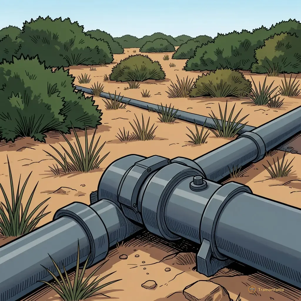 Des tuyaux d'irrigation modernes traversent un champ sec et broussailleux contrastant avec des taches de végétation verte profonde