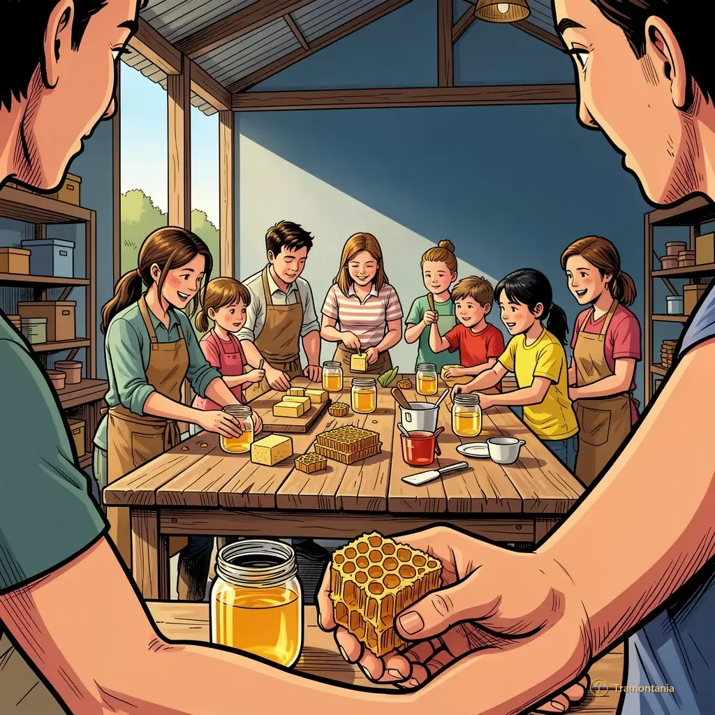 Des adultes et enfants travaillent ensemble autour de grandes tables en bois avec cire, rayons naturels et bocaux remplis de miel doré