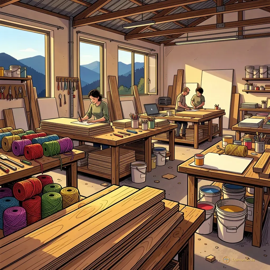 Un grand espace d'atelier montre plusieurs établis couverts de fils, planches en bois traitées et pigments variés avec quelques personnes au travail