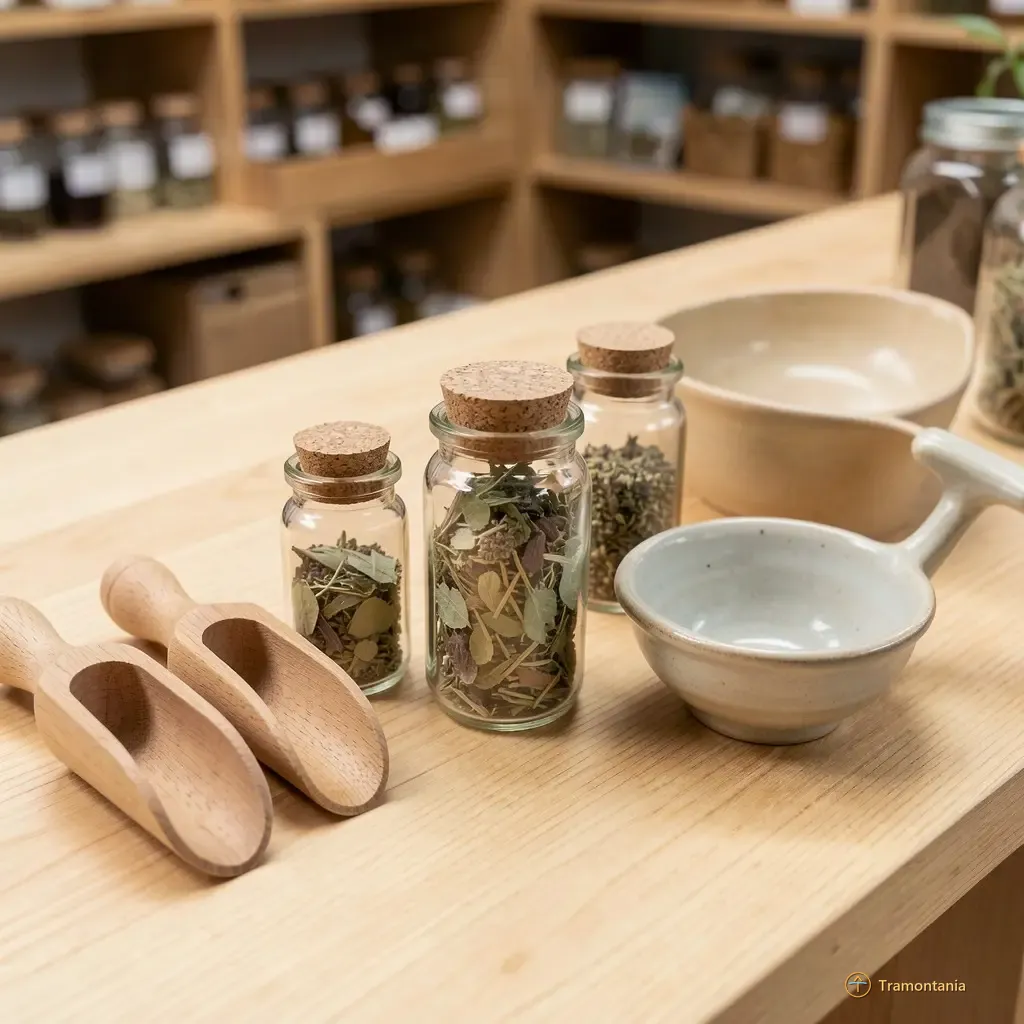 A close-up detail shot of various natural crafting tools—small wooden scoops, glass vials filled with dried herbs, and small ceramic mixing bowls—arranged neatly on a light wood counter in an herbalist shop setting. The focus is sharp on the textures of the materials; no people are visible.