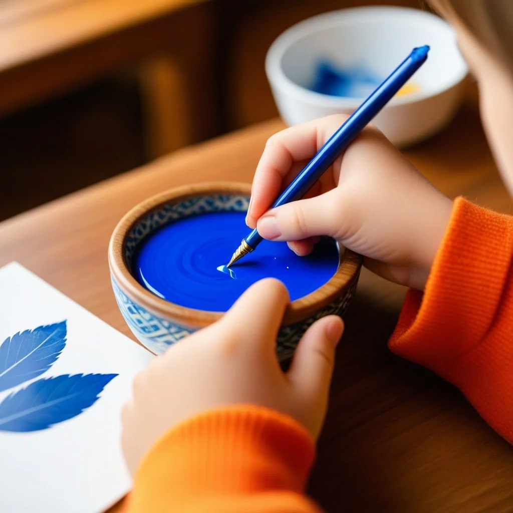 Close-up of a child's hands carefully holding a quill pen, dipping it into a small bowl of vibrant blue ink, with a blurred background of a cozy cultural center interior.