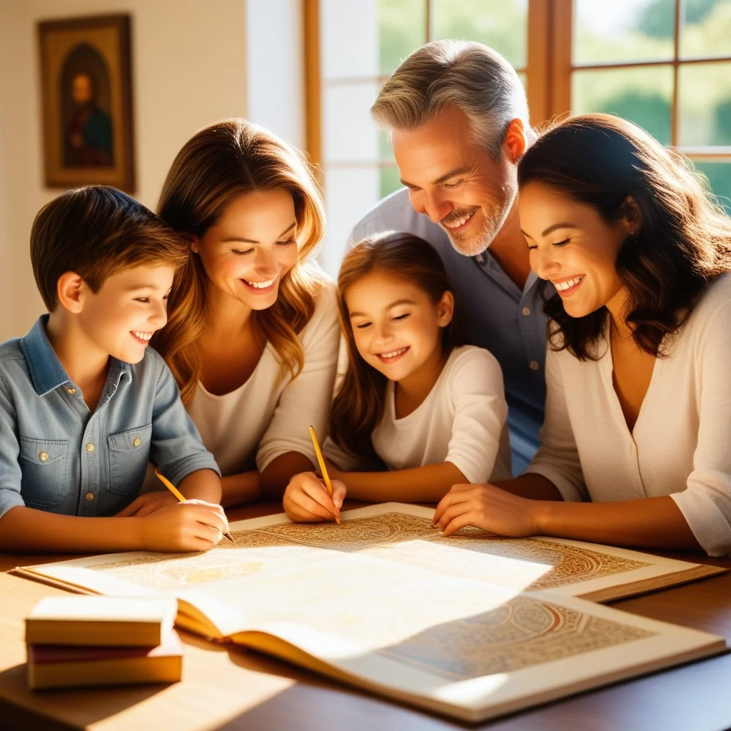 A wide, warm shot of a family group gathered around a table in a sunlit room, smiling and interacting while working on illuminated manuscripts, capturing a sense of community and joy.