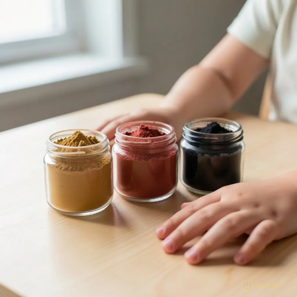 Photo d’une table en bois clair où reposent trois petits pots en verre remplis de poudres colorées — ocre, terre rouge et charbon noir. Une main enfantine repose près des pots, les doigts écartés, sans toucher les contenants. La lumière est douce, venant d’une fenêtre latérale.