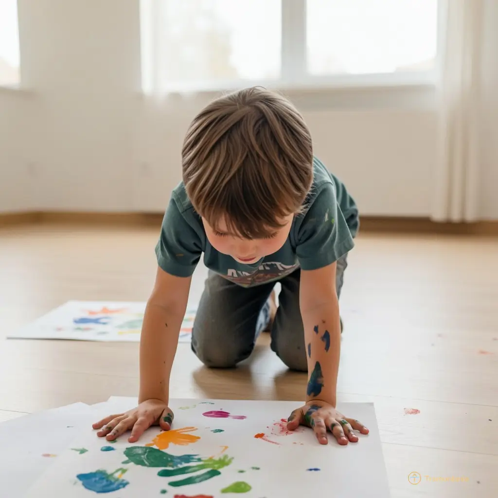 Photo d’un enfant de huit ans penché sur le sol, les mains en l’air, les doigts encore teintés de pigments. Derrière lui, une autre feuille de papier attend, prête à être touchée. La salle est silencieuse.