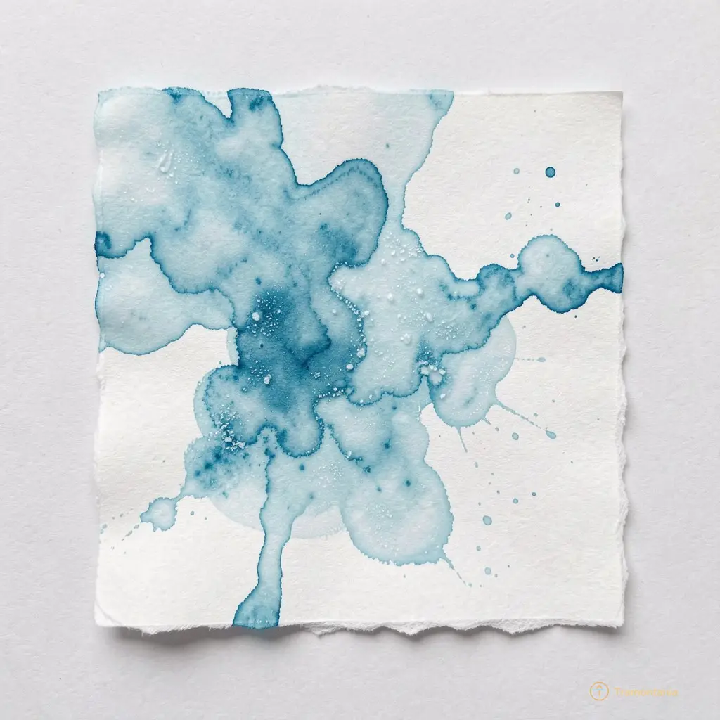 Plan rapproché d’un morceau de papier où la couleur s’est infiltrée par capillarité, comme un nuage d’eau salée déposée par la mer.