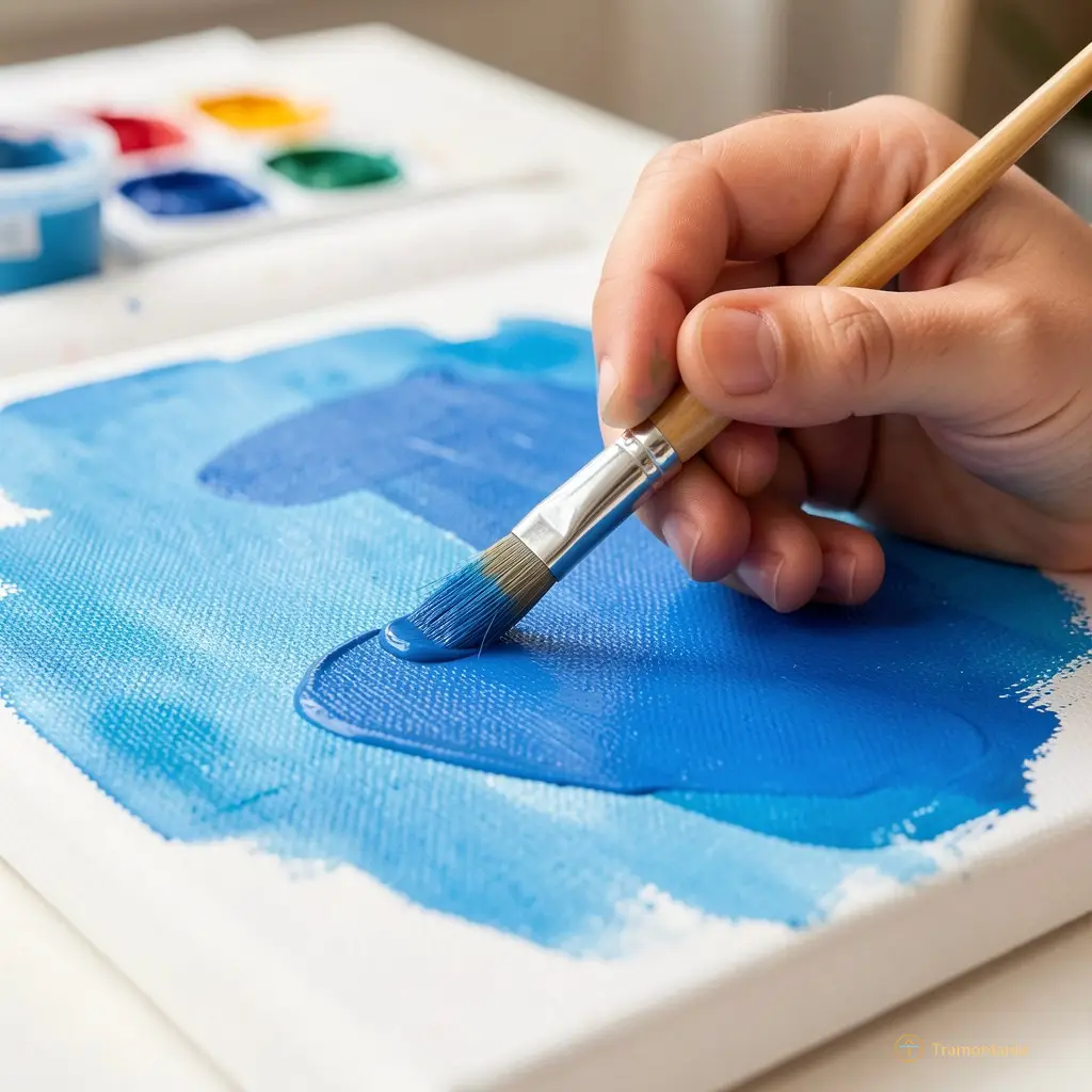 Close up of a child's hand holding a paintbrush applying blue pigment to canvas