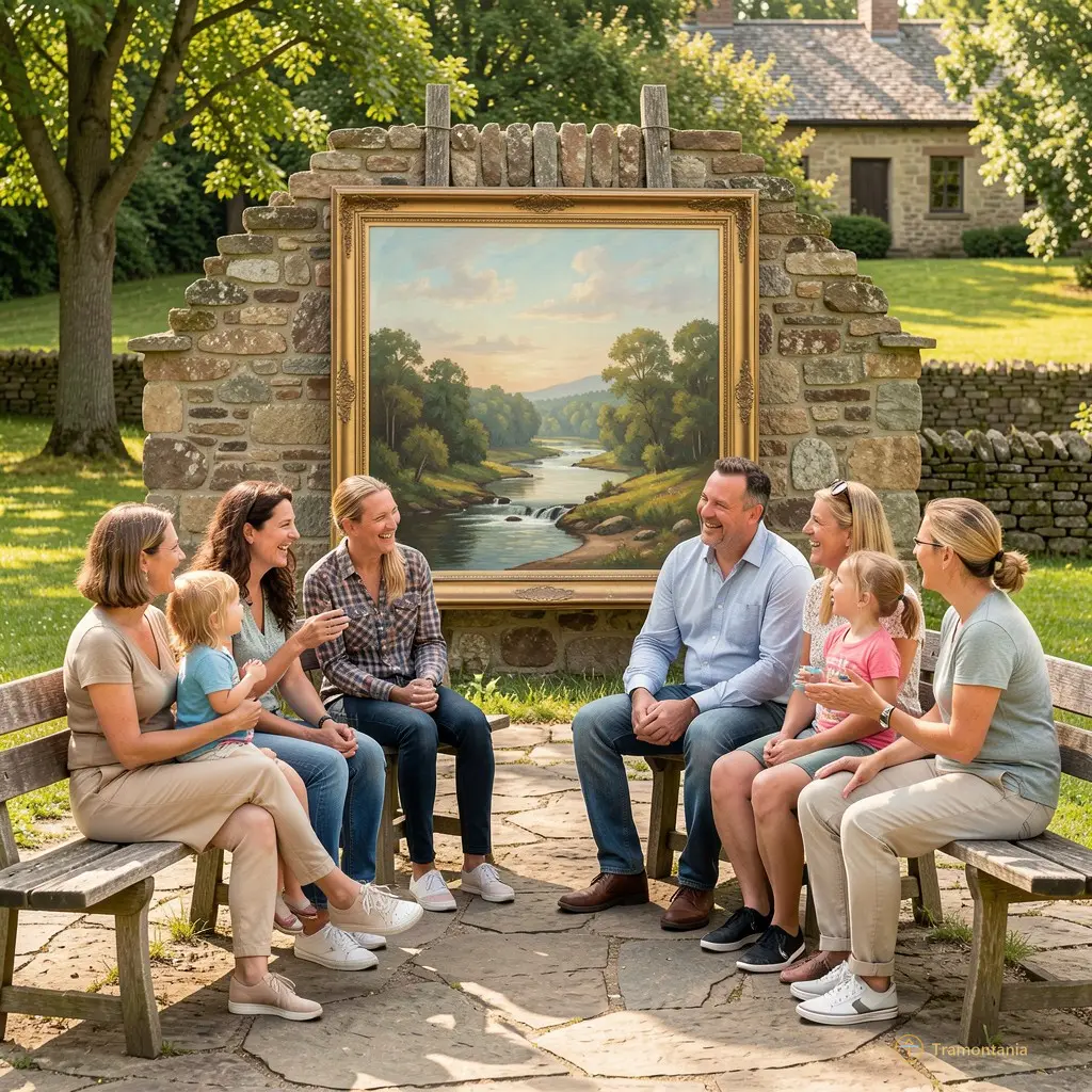 Group of families sitting on benches around the painting area chatting and laughing