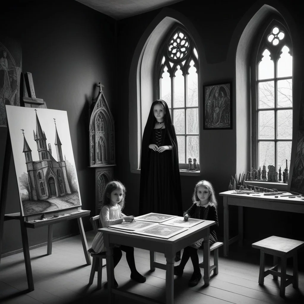 Une vieille photo en noir et blanc d'un atelier d'art avec des enfants dessinant.