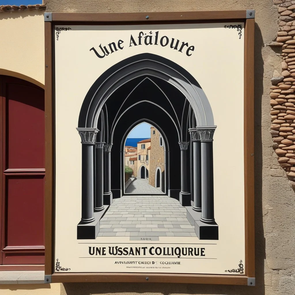 Une affiche usée annonçant un ancien atelier d'art à Collioure.