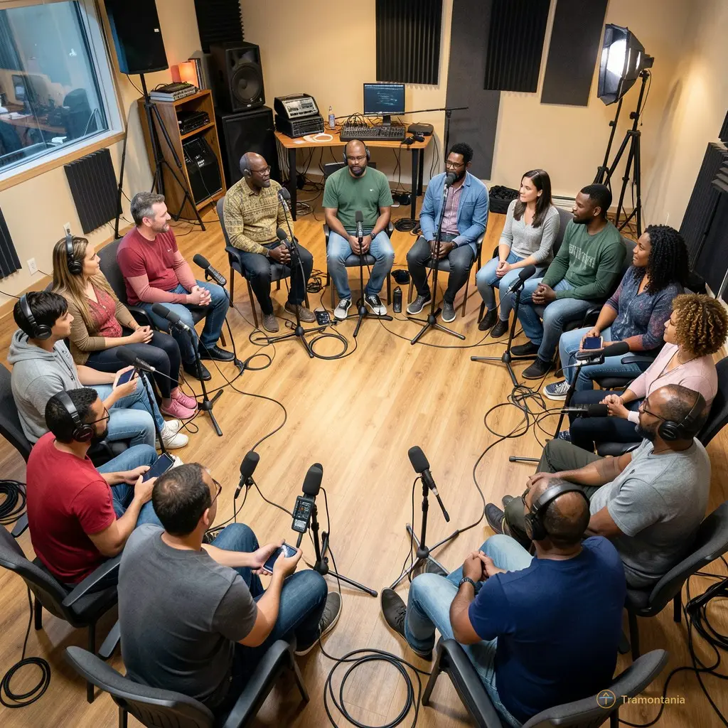 A diverse group of people sitting in a circle with microphones and recording equipment