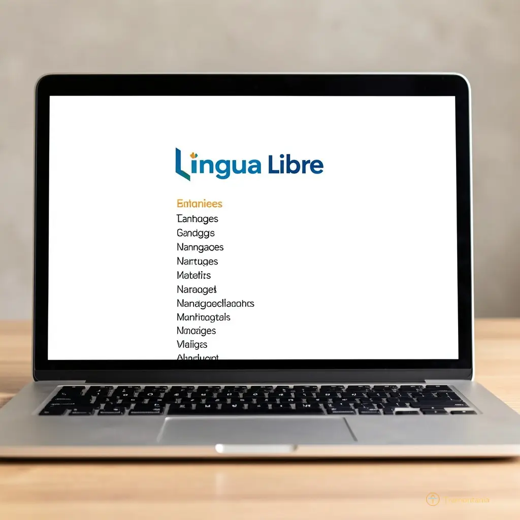 A laptop screen showing the Lingua Libre logo and a list of languages